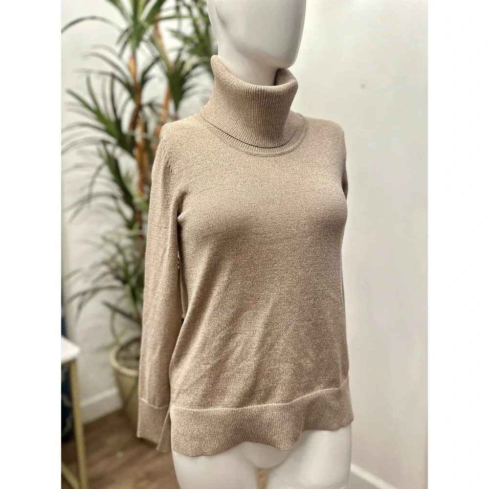 Cable And Gauge‎ Turtleneck Sweater Women Size M Gold Glittery Shimmery Holiday